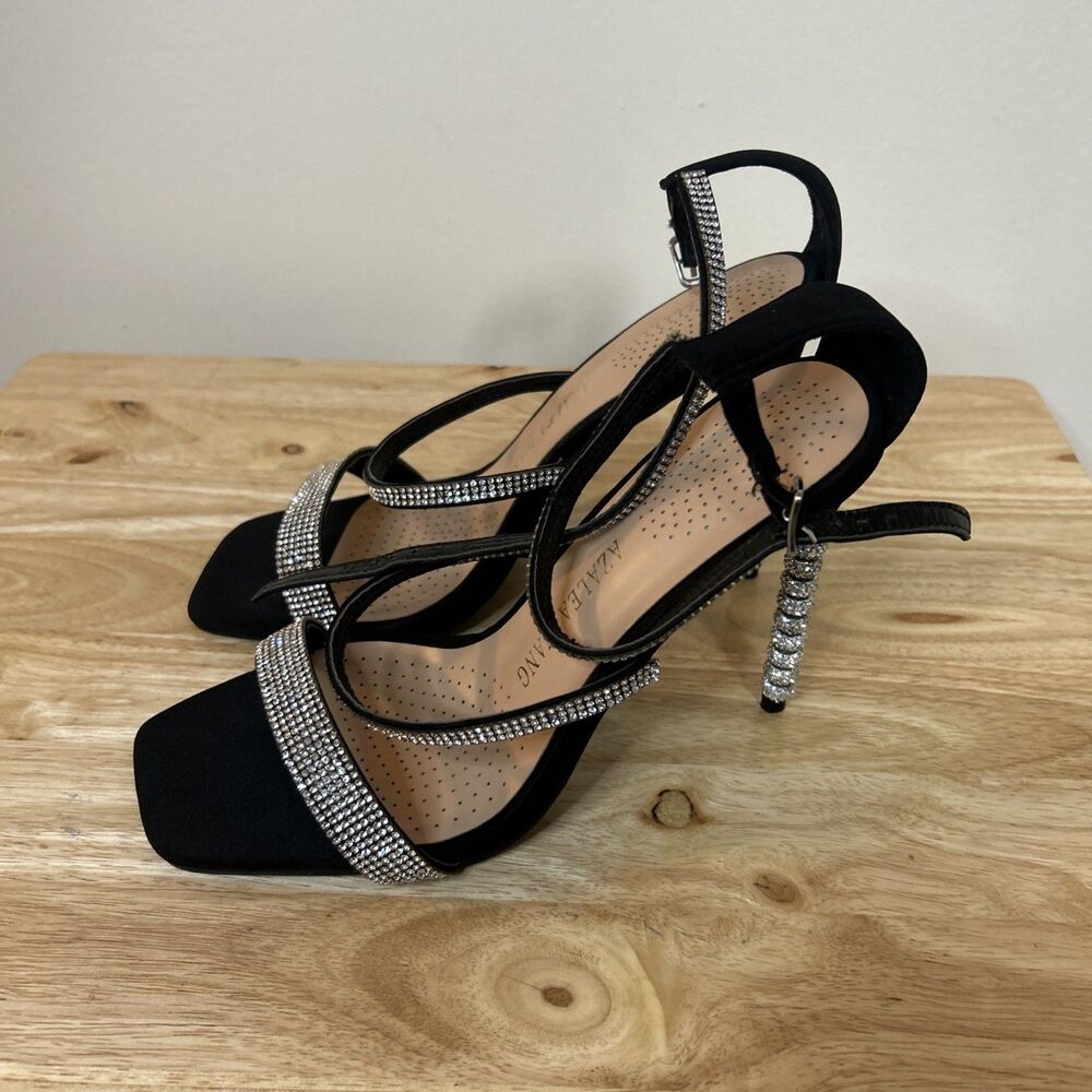 Azalea Wang Tricky Black Rhinestone Heel Sandals Size 10 Strappy New - Picture 4 of 7